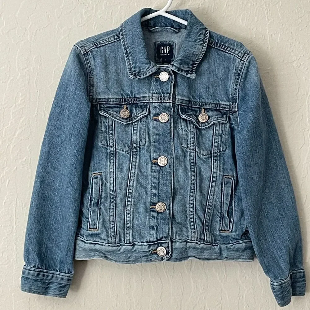 ~ Gap Kids S Jean Jacket Snaps Medium Wash Pockets Denim Cotton Blue Soft Unisex